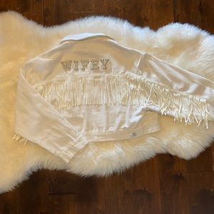 WIFEY white denim jacket with fringe sleeves